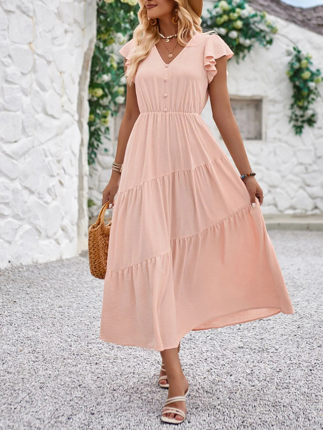 V-Neck Ruffle Sleeve Dress by Golden Gueen