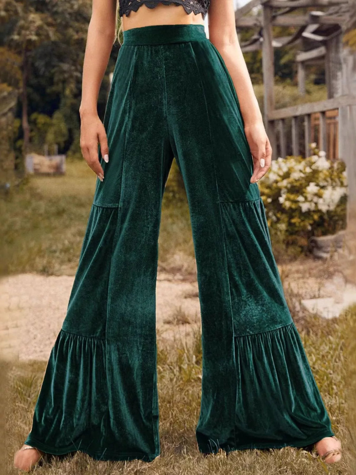 Ruched Velvet Wide-Leg Pants