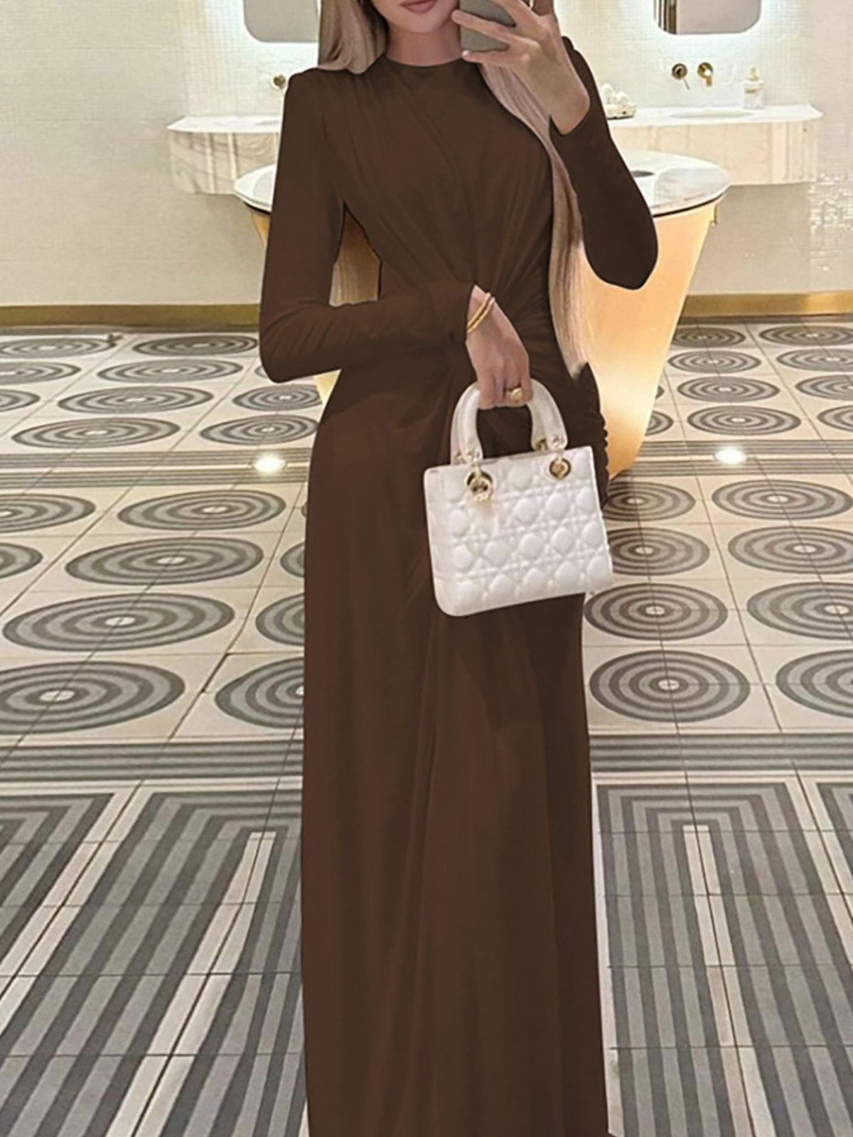 Ruched Knot-Front Long Sleeve Maxi Dress