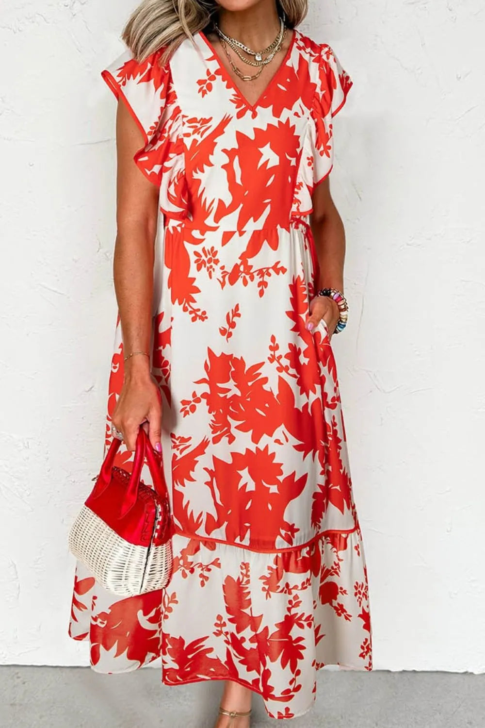 Floral V-Neck Midi Dress in Orange