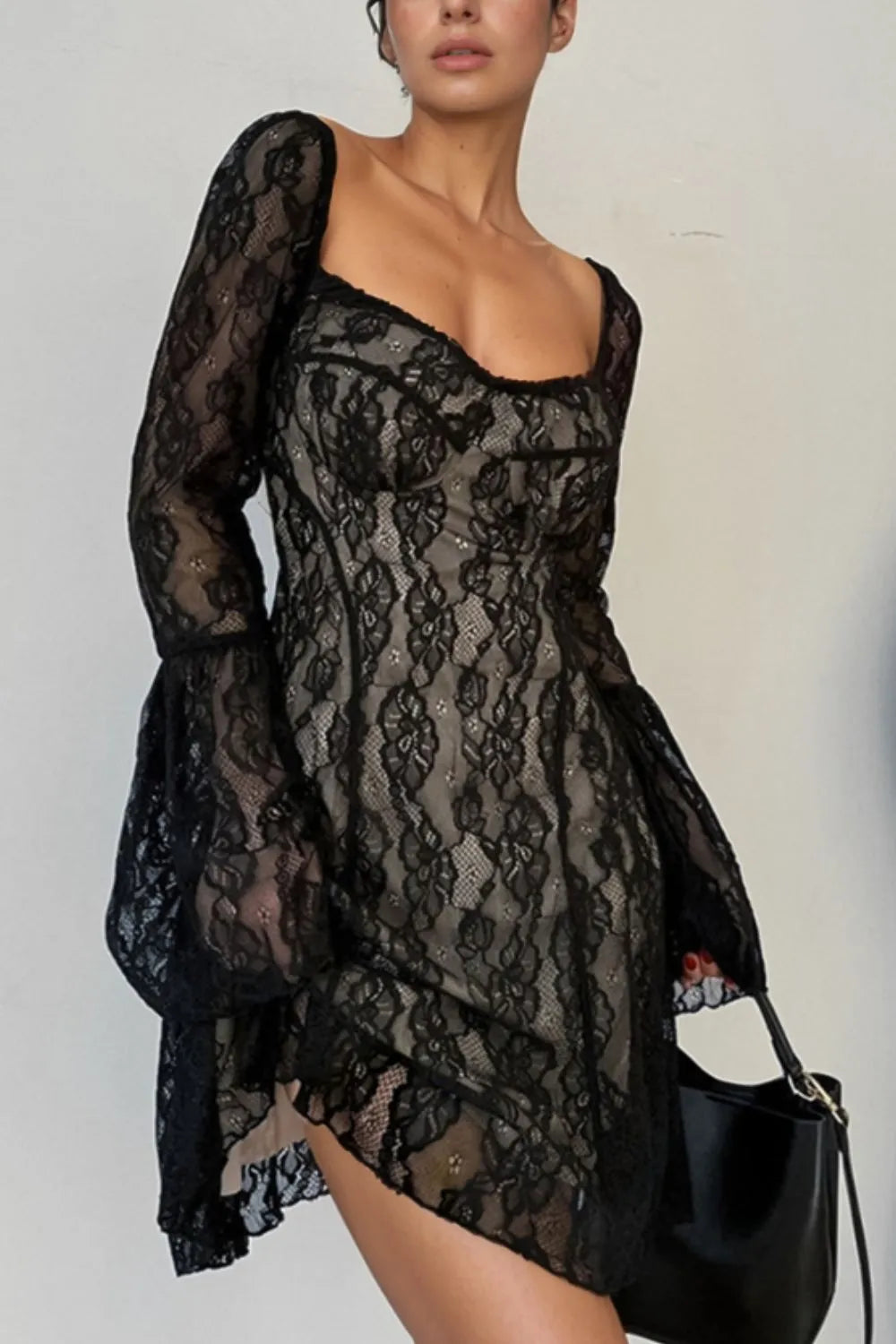 Lace Sweetheart Neck Flare Sleeve Mini Dress in Black