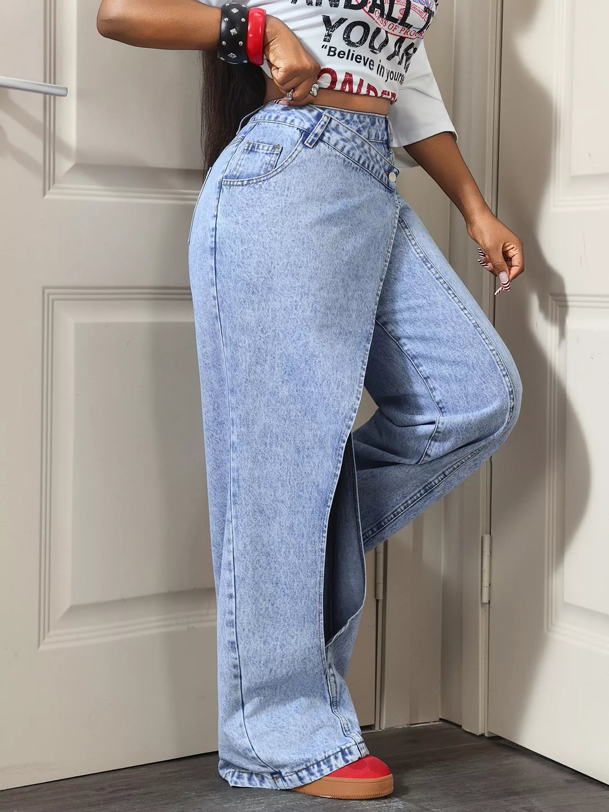 Asymmetric Wrap Wide-Leg Jeans in Blue