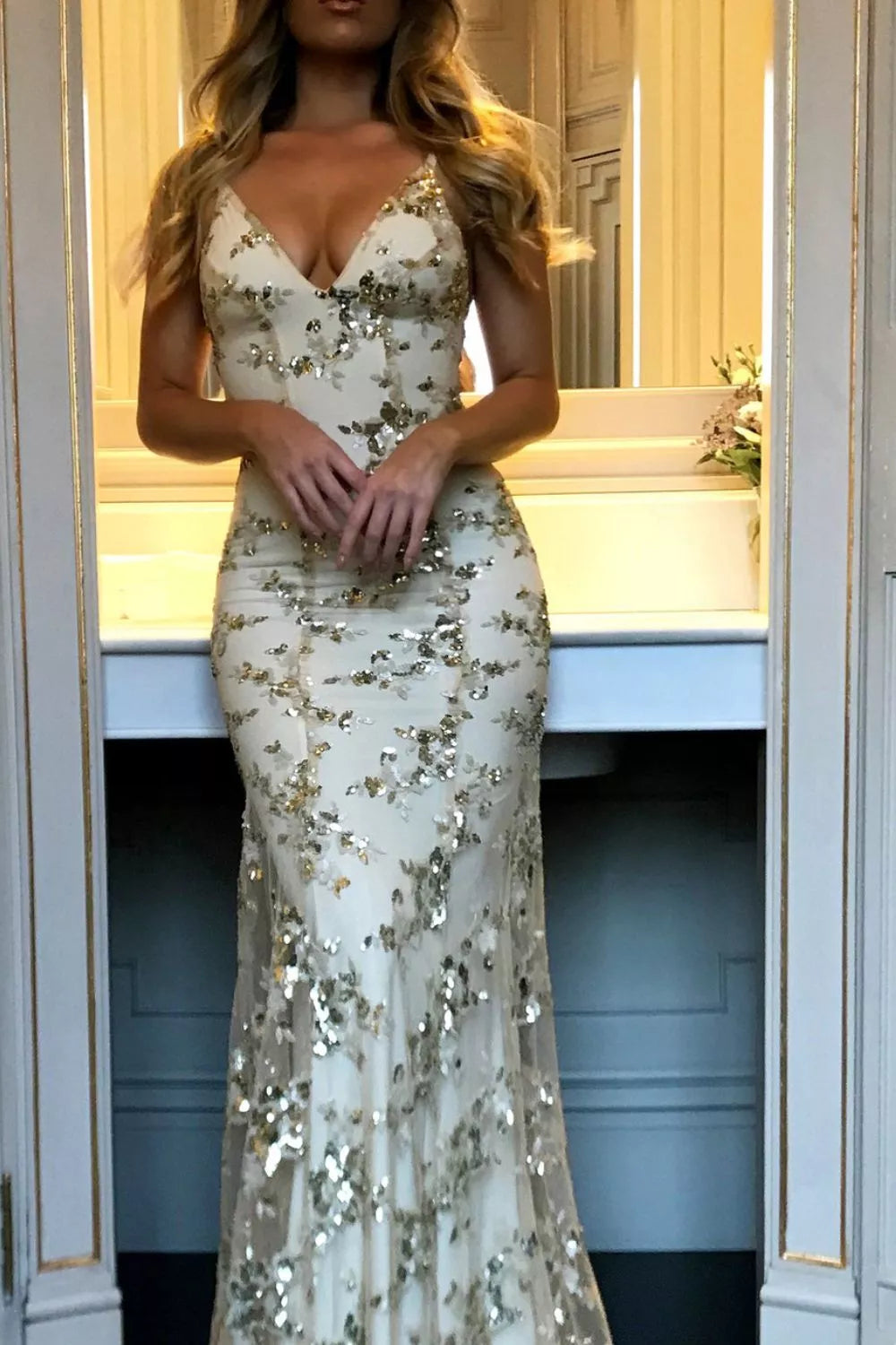 Sequin Tie-Back V-Neck Maxi Dress