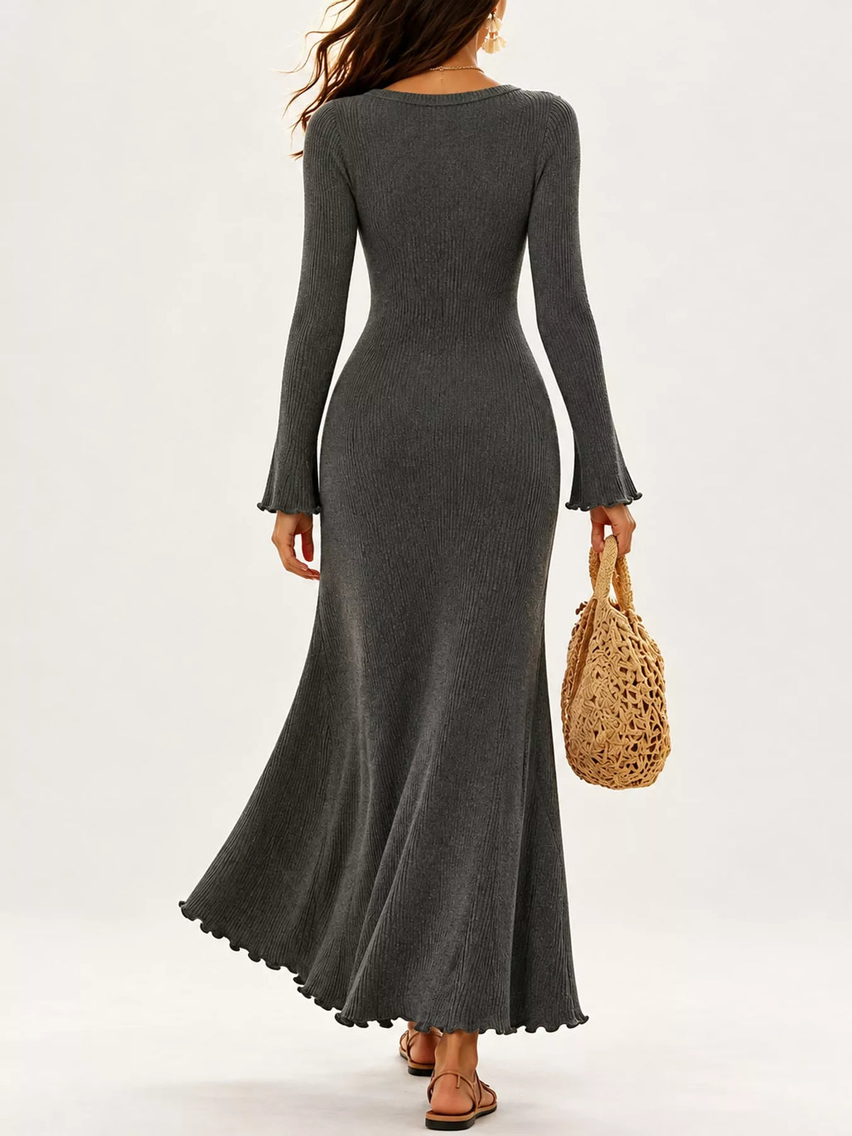 Button-Front Ribbed Knit Maxi Dress