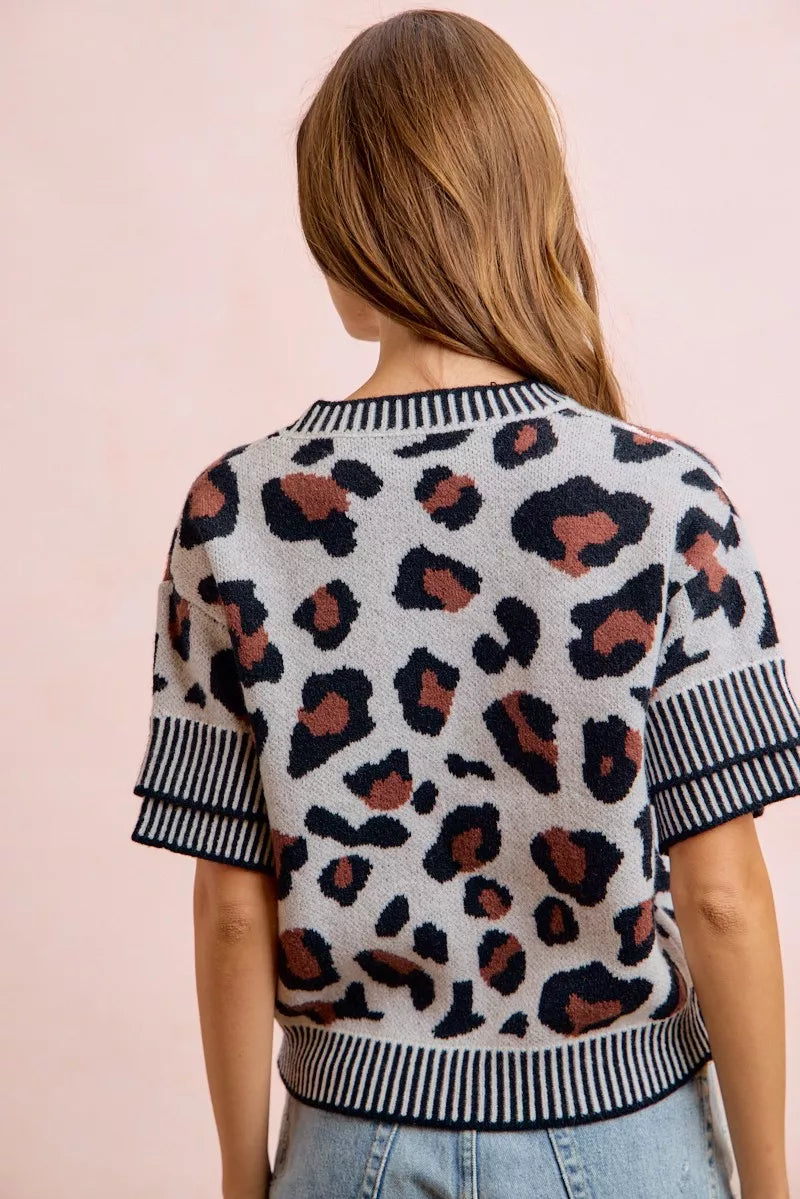 Two-Tone Double Sleeve Knit Top in Leopard by BiBi