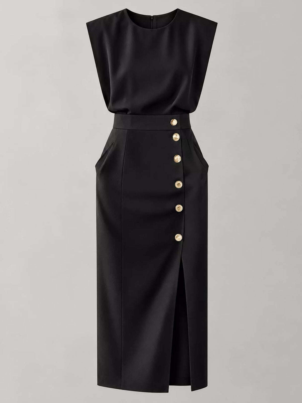 Sleeveless Midi Dress with Gold Button Detail