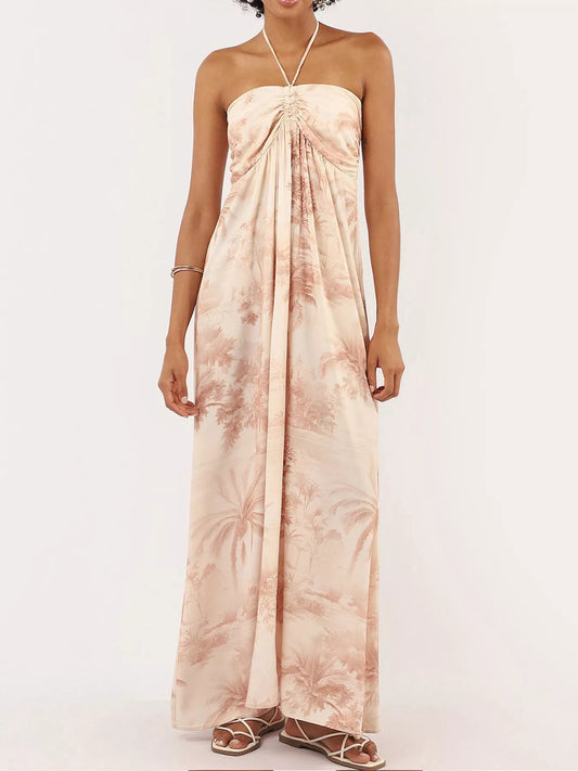 Tropical Print Halter Maxi Dress in Tan