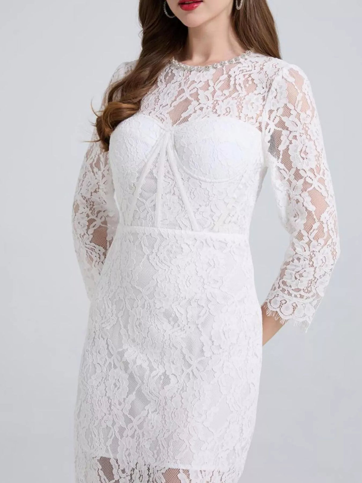 Lace Midi Dress with Long Sleeves and Slit