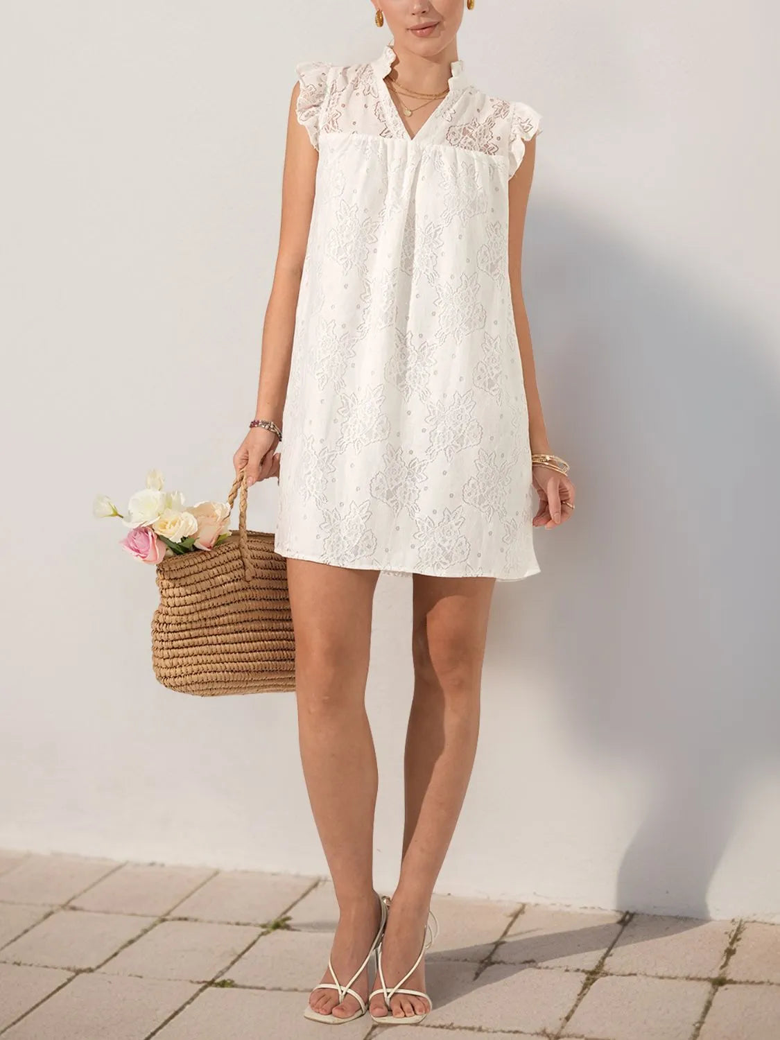 Lace Notched Cap Sleeve Mini Dress in White