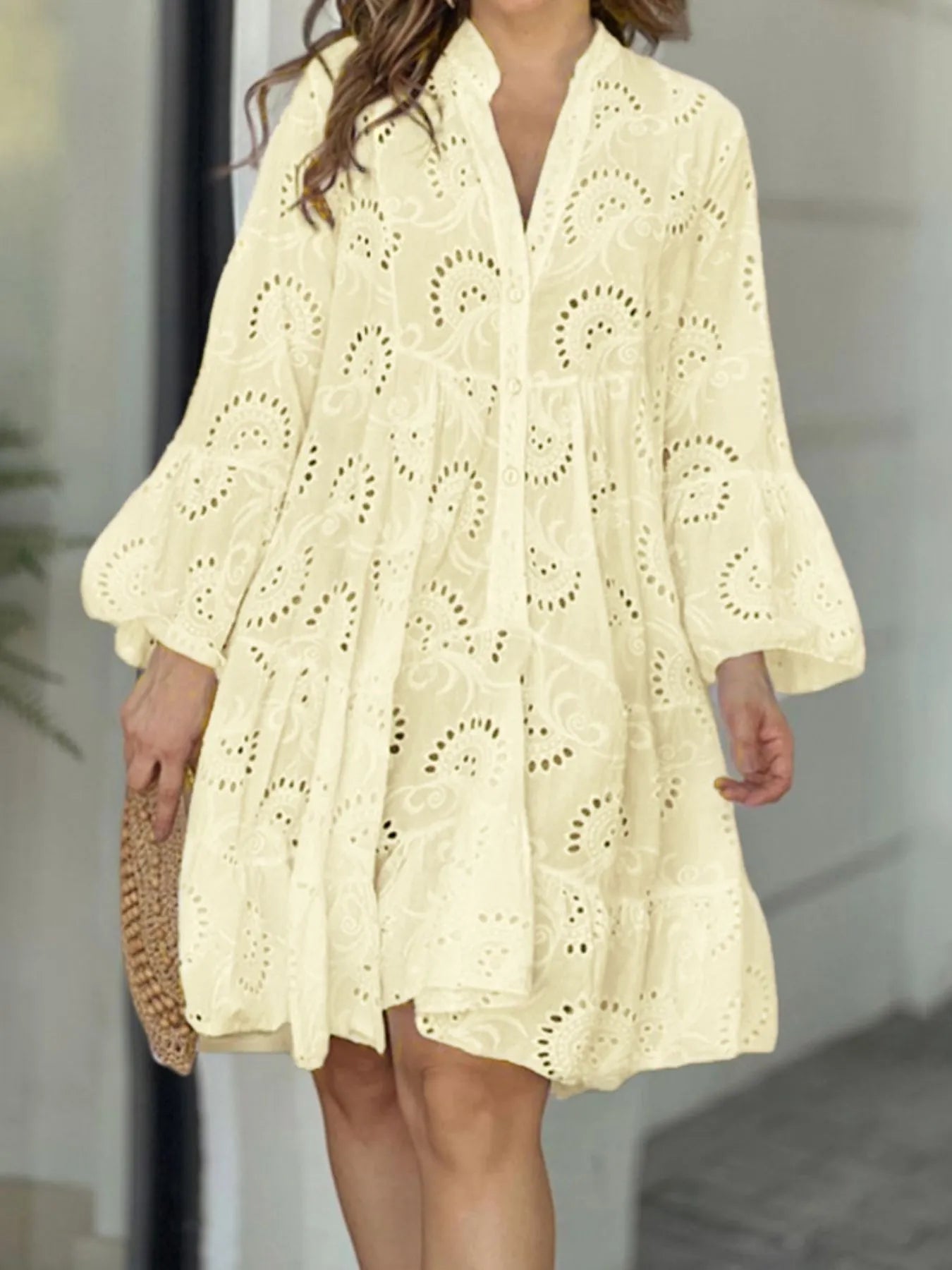 Eyelet V-Neck Tiered Ruffle Dress