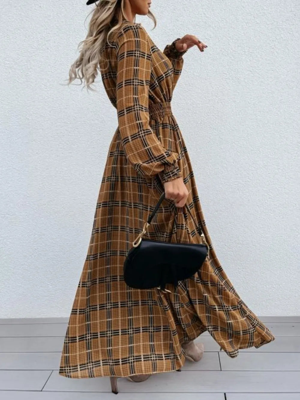 Plaid Tie Neck Slit Maxi Dress in Camel