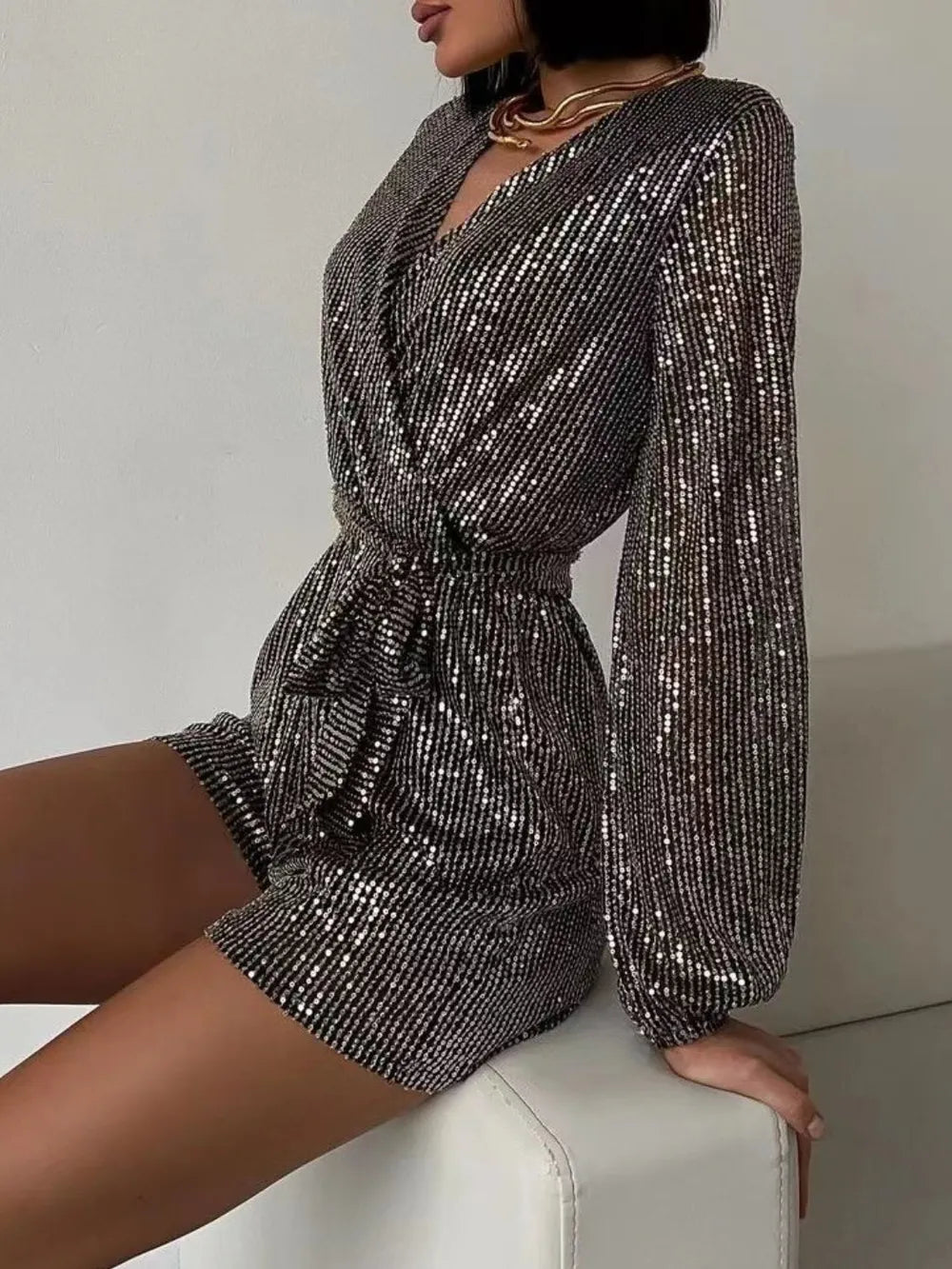 Sequin Surplice Tie Waist Romper