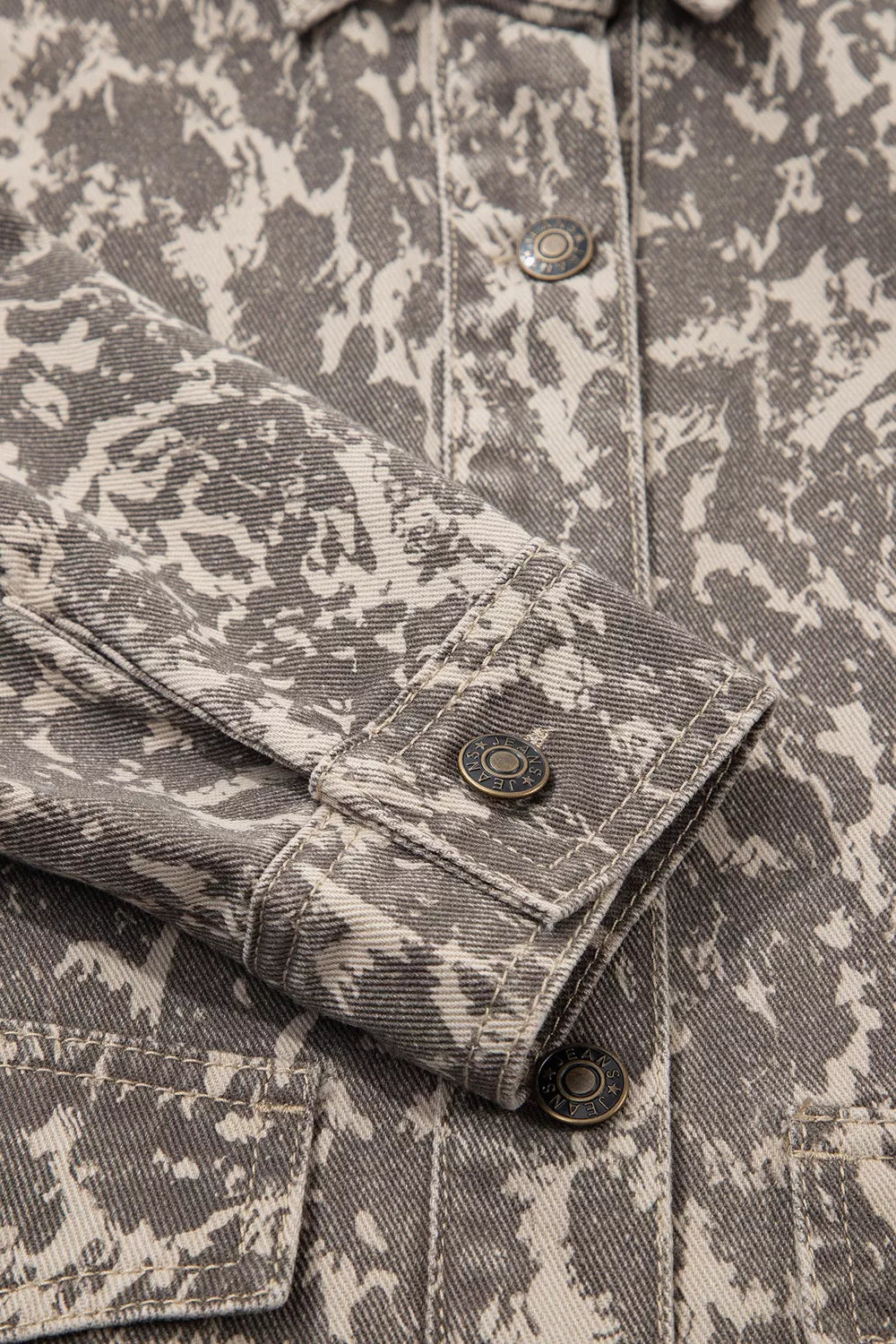 Abstract Print Raw Hem Denim Jacket in Mocha