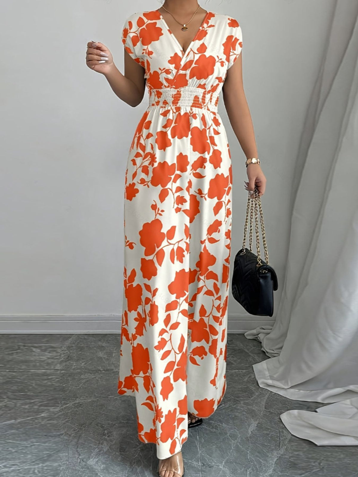 Printed Surplice Cap-Sleeve Maxi Dress