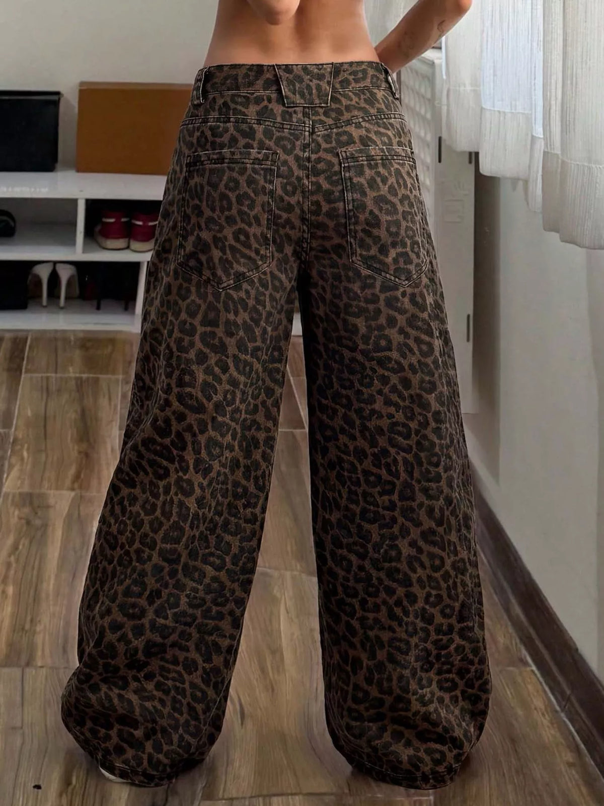 High-Waisted Leopard Wide-Leg Jeans in Green