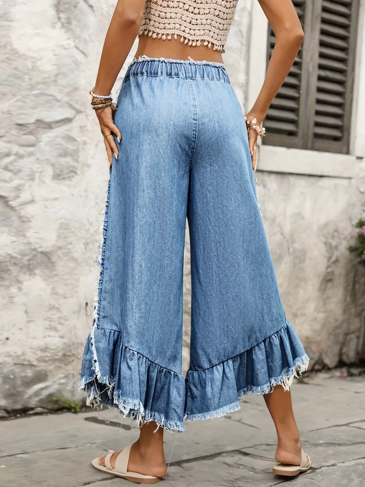 Drawstring Wide-Leg Jeans with Ruffle Hem in Blue