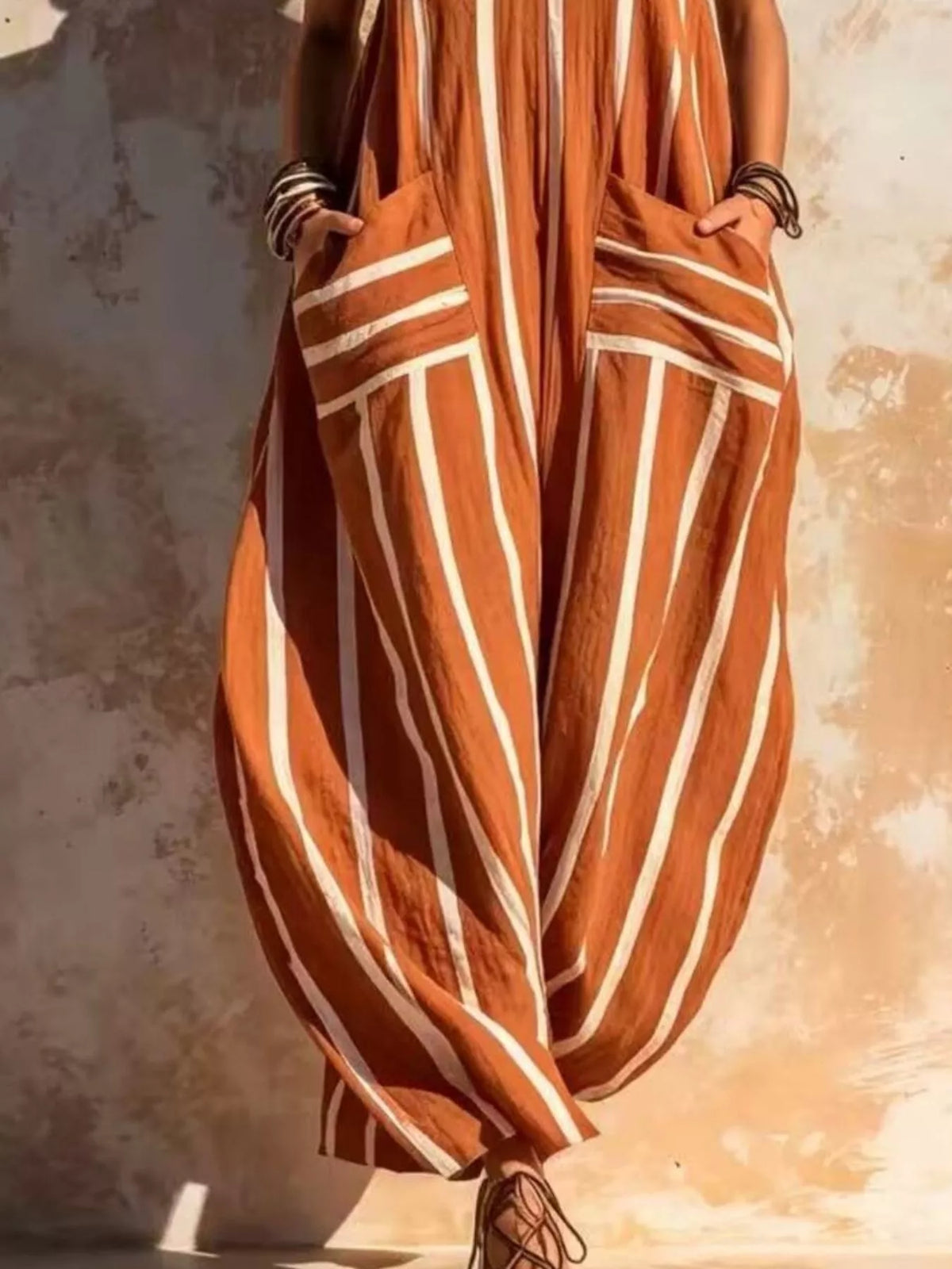 Striped V-Neck Sleeveless Wide-Leg Jumpsuit