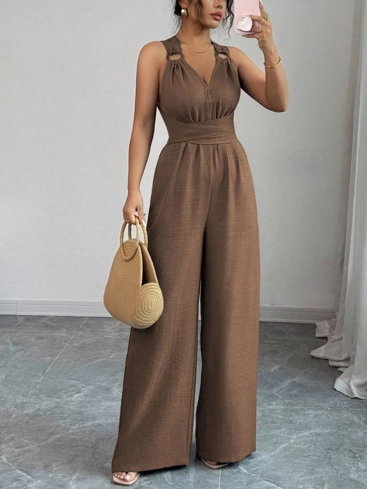 Sleeveless V-Neck Wide-Leg Jumpsuit with O-Ring Detail