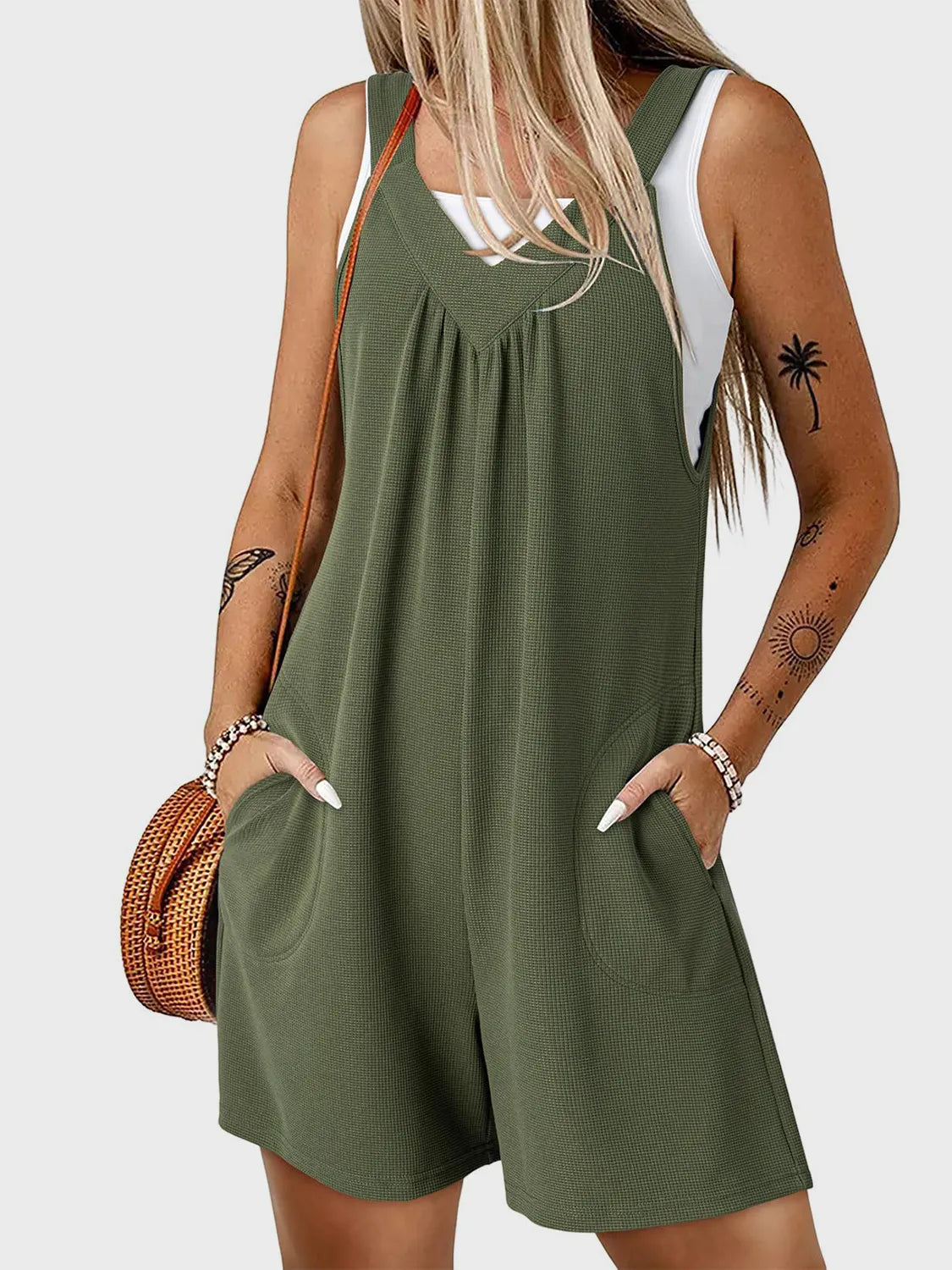 V-Neck Wide Strap Romper with Pockets