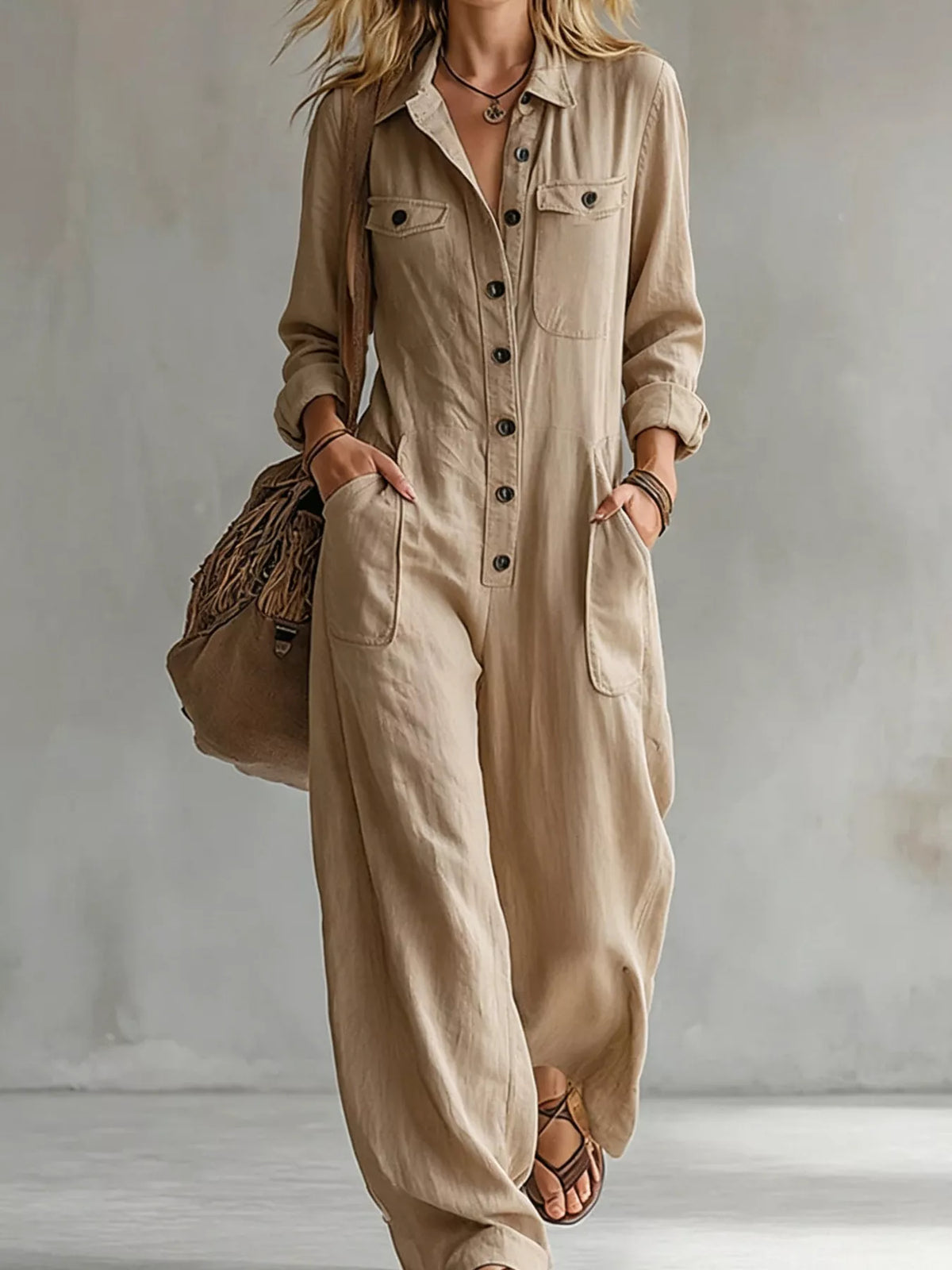 Long Sleeve Button Front Jumpsuit
