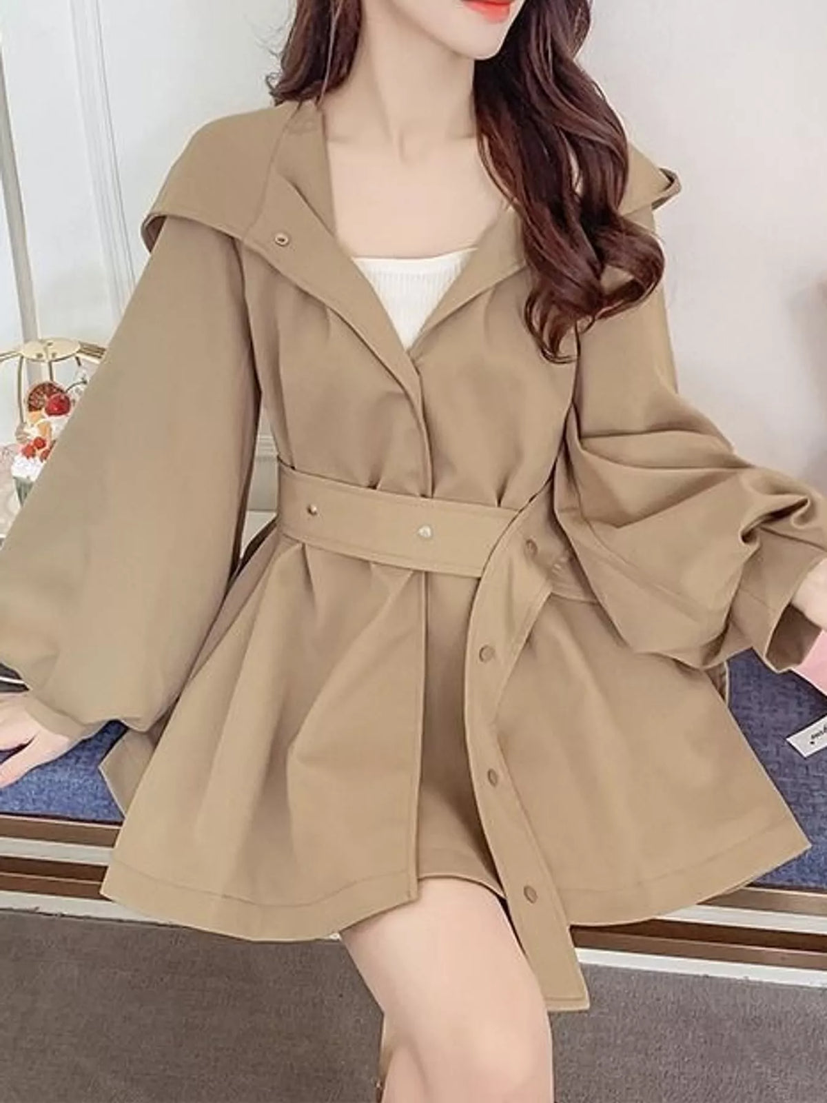 Lantern Sleeve Hooded Jacket with Belted Waist