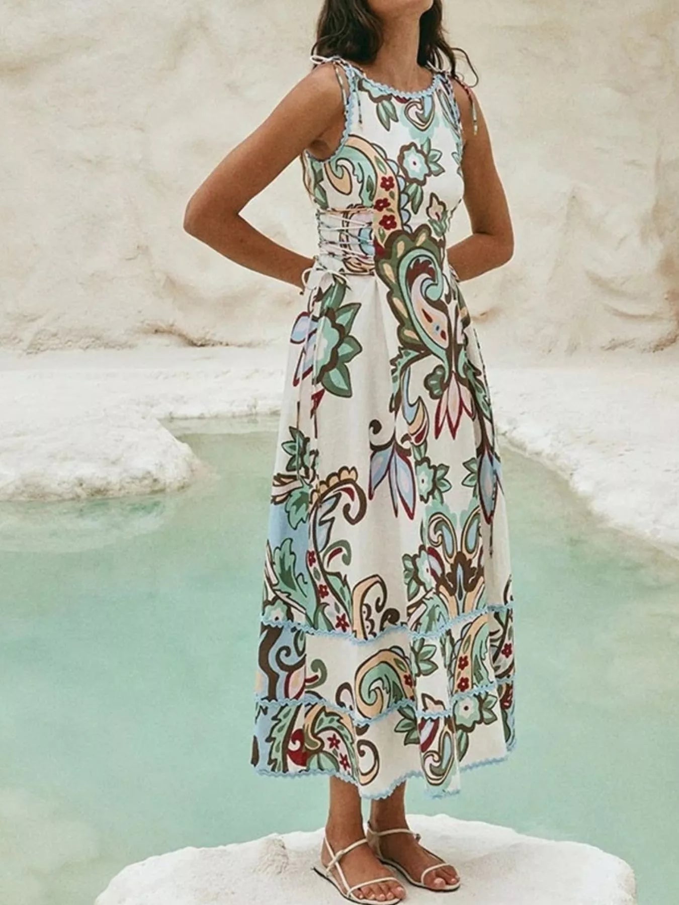 Tie-Shoulder Tiered Midi Dress in Floral