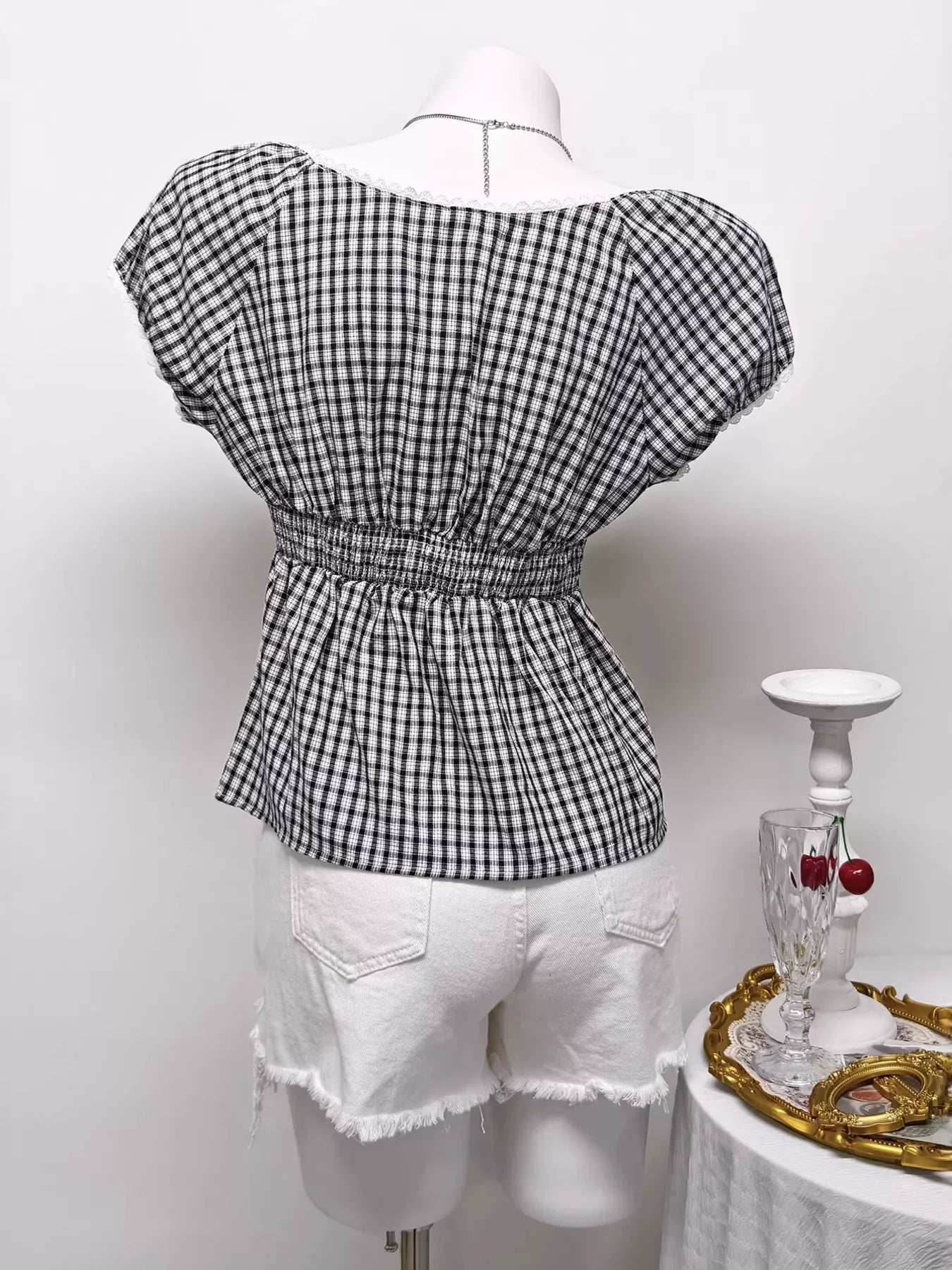 Plaid Short Sleeve Blouse in Black