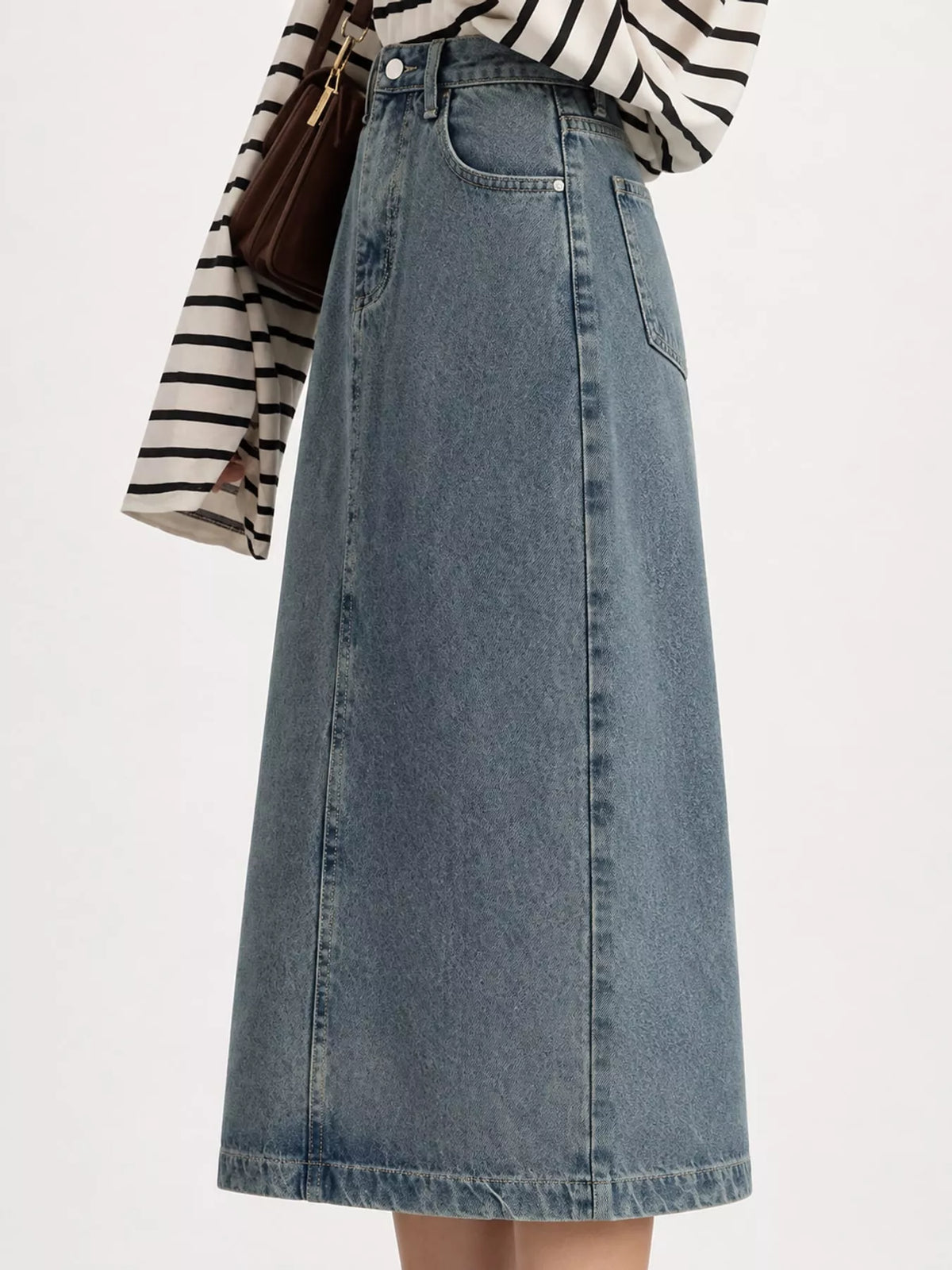 High-Waisted Vintage Wash Midi Denim Skirt