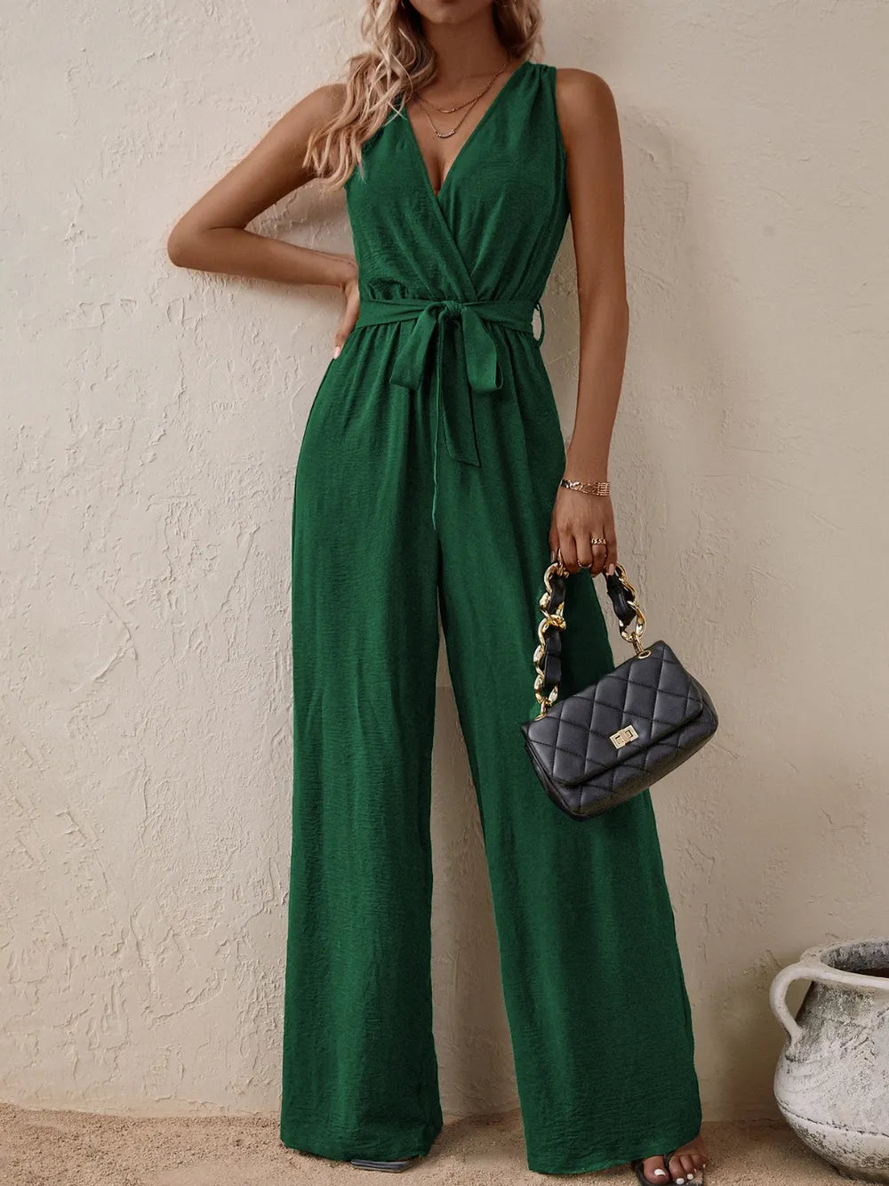 Tied Surplice Wide-Leg Jumpsuit