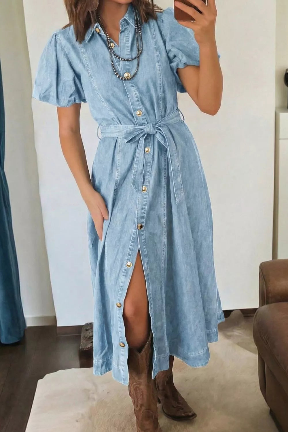 Collared Bubble Sleeve Denim Dress in Light Blue
