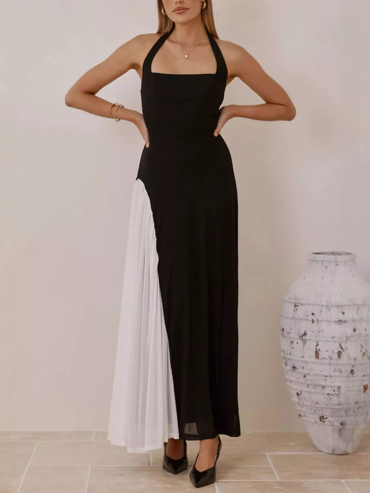 Ruched Halter Maxi Dress in Black
