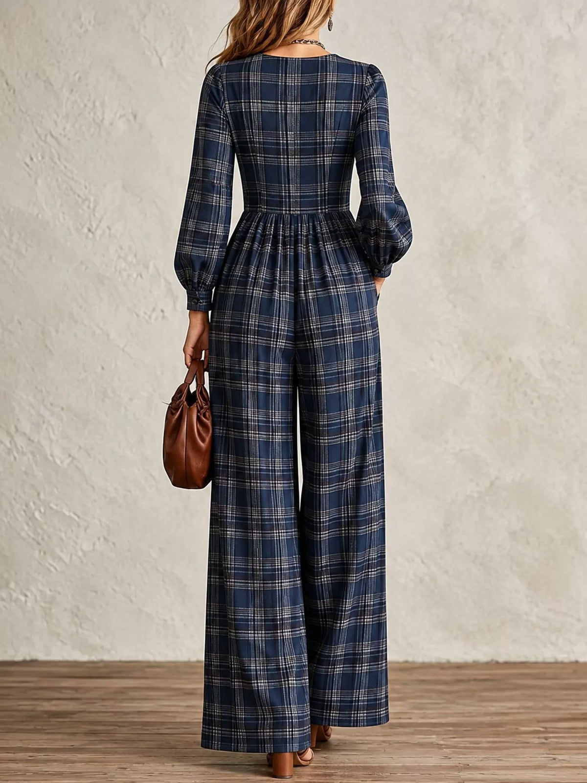 Plaid Square-Neck Wide-Leg Jumpsuit