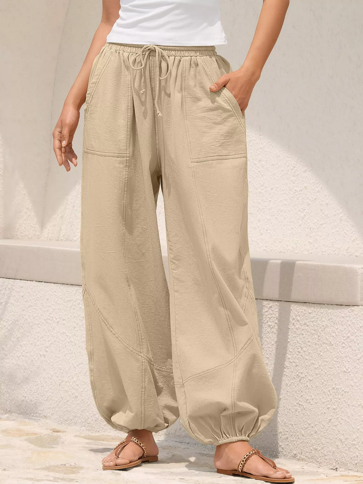Contrast-Stitch Drawstring Harem Joggers