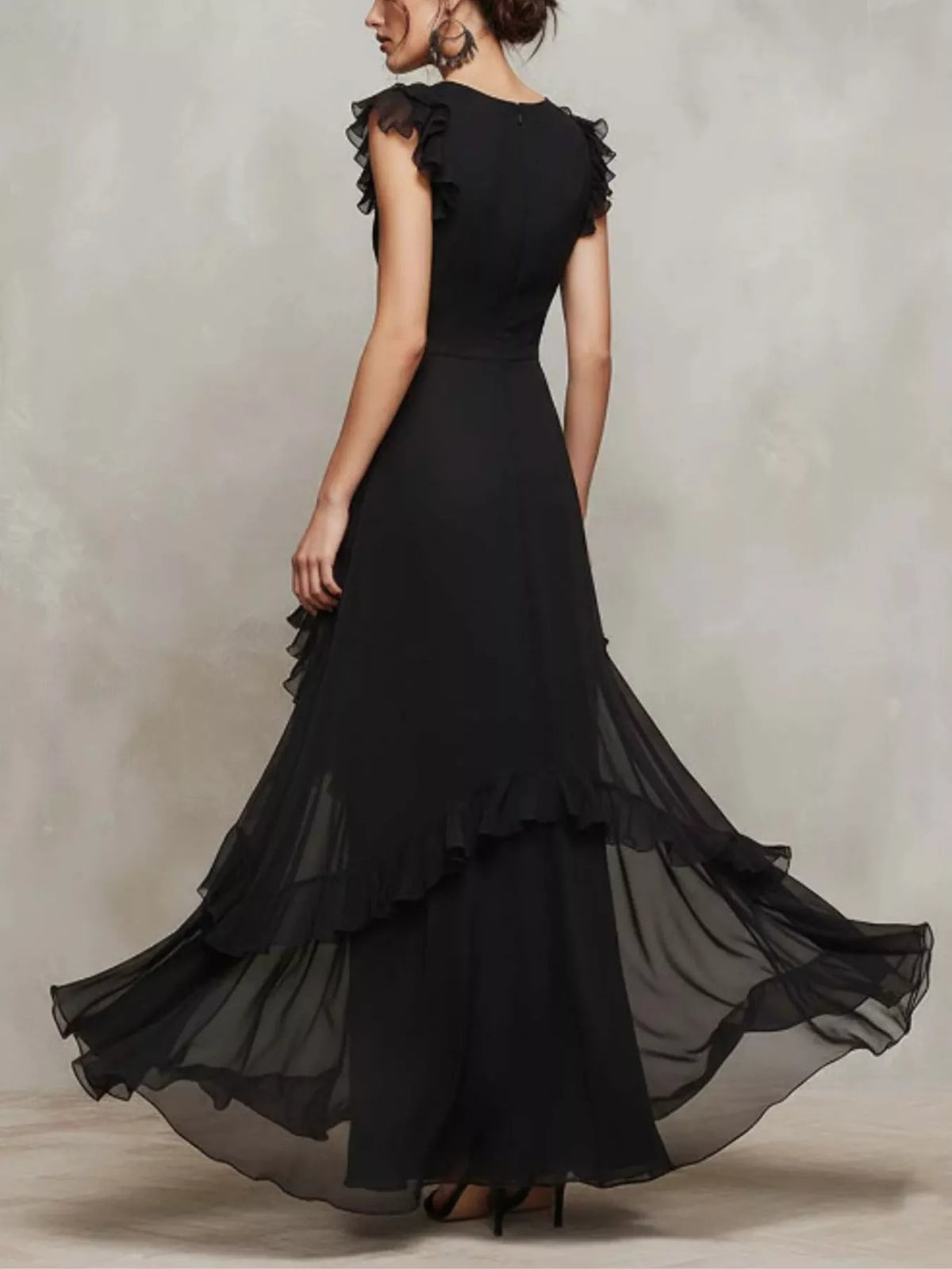 Sheer Ruffle Trim Maxi Dress in Black