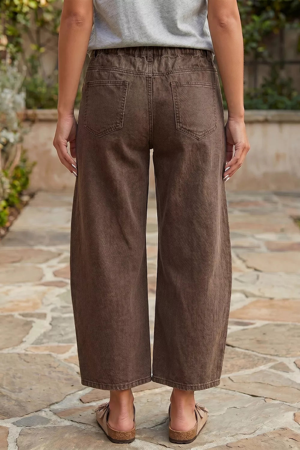 Square Patch Pocket Barrel Jeans in Coffee Brown