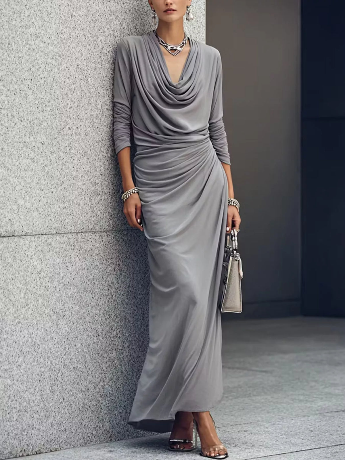 Cowl Neck Ruched Maxi Dress
