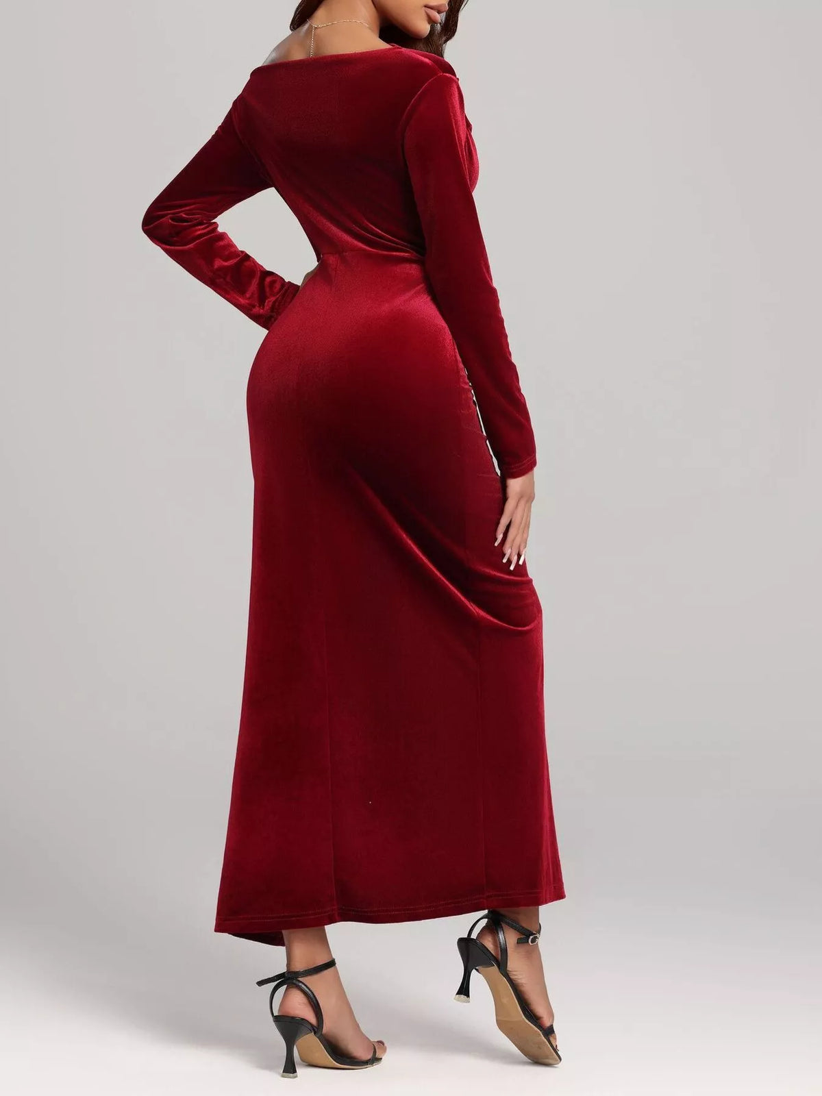 Ruched Velvet Long Sleeve Dress in Burgundy
