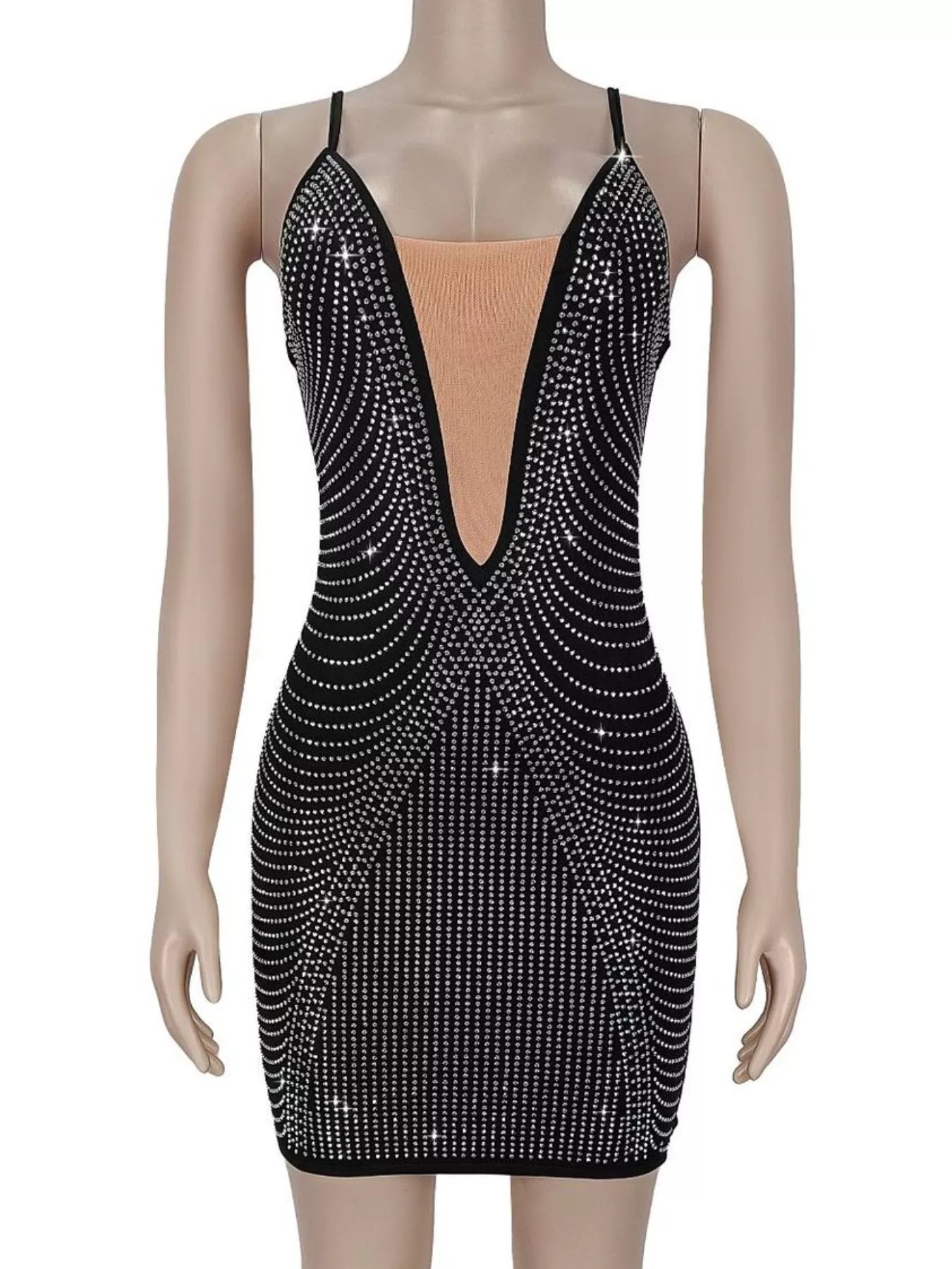Rhinestone Spaghetti Strap Mini Dress in Black