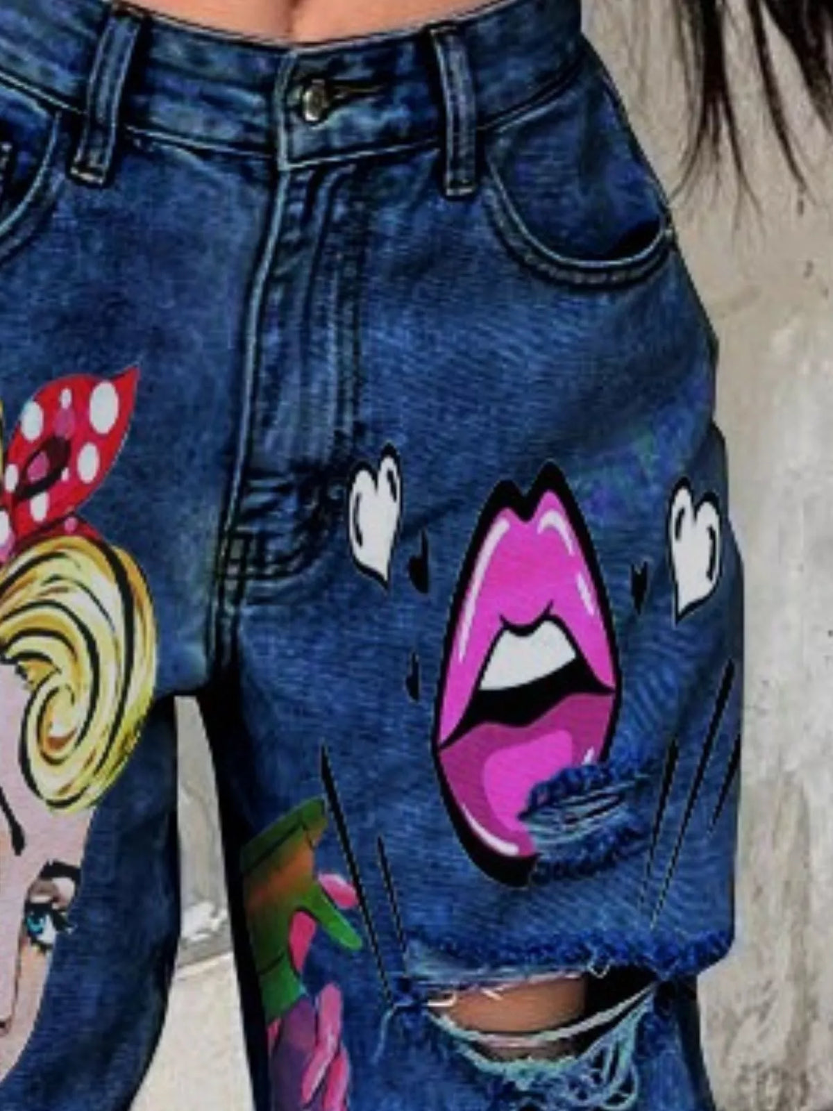 Art Print Distressed Wide Leg Jeans