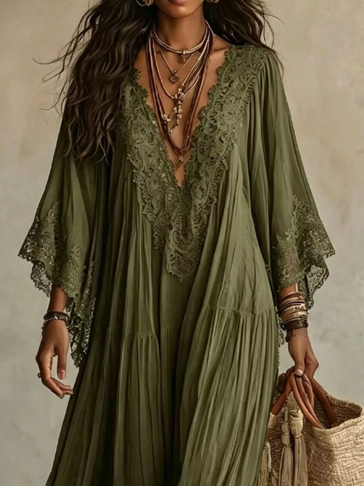 Lace Trim Tiered V-Neck Maxi Dress