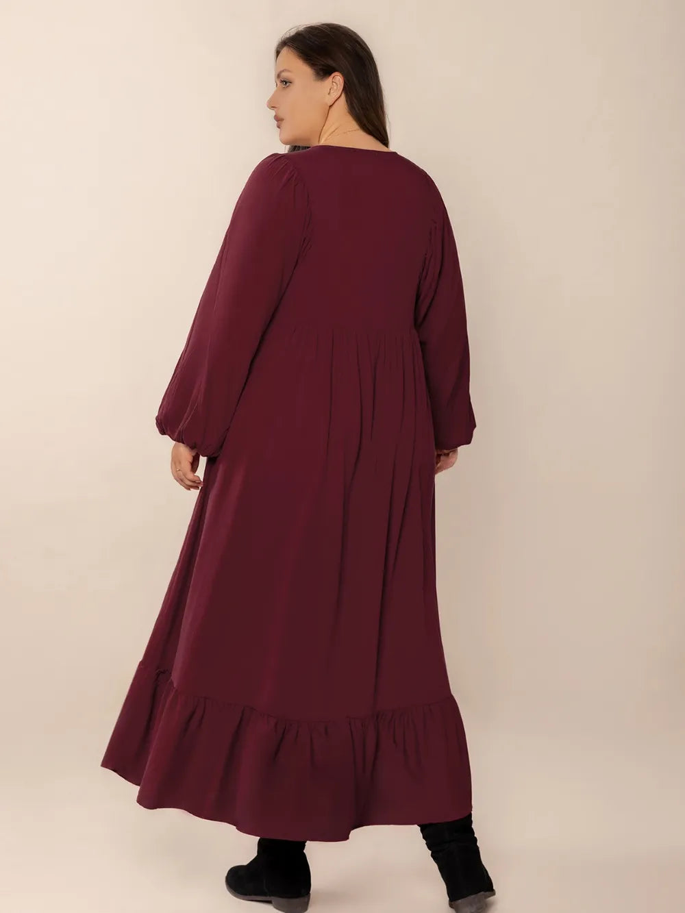 Ruffled Hem V-Neck Balloon Sleeve Dress in Burgundy