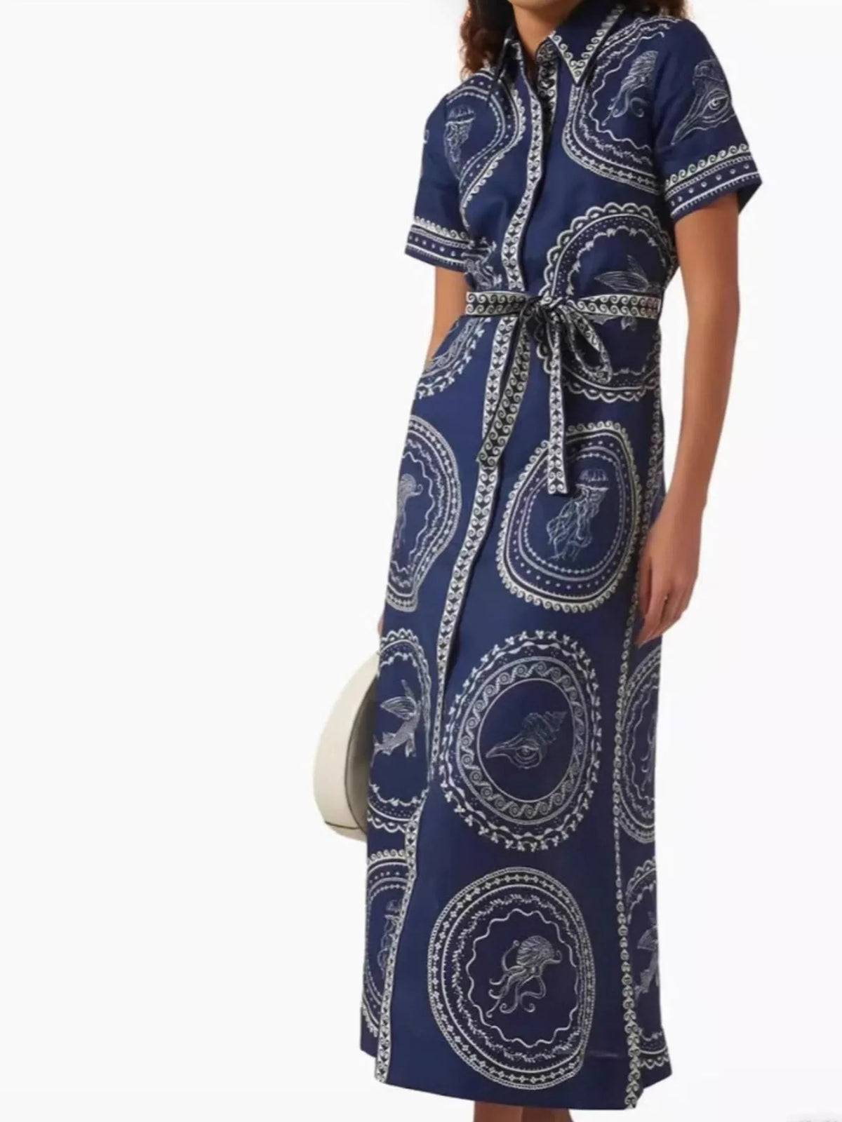 Printed Button-Front Maxi Shirt Dress with Belt in Blue