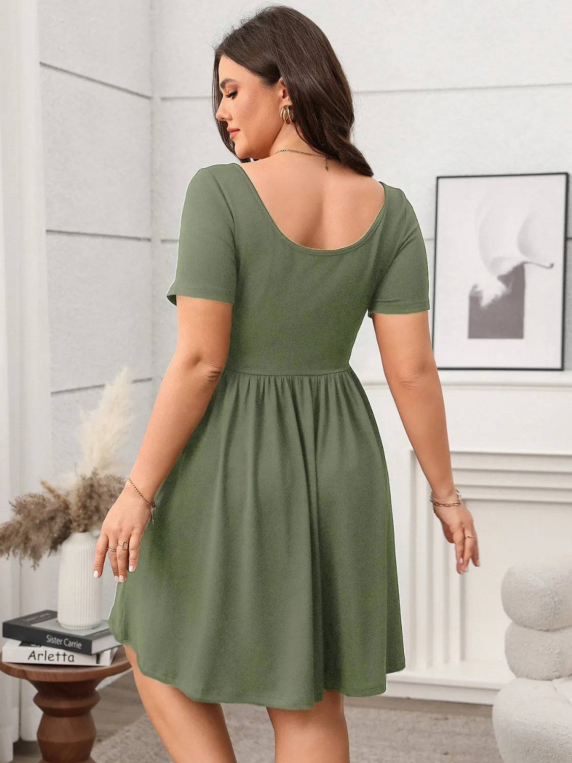 Plus-Size Square Neck Short Sleeve Mini Dress in Matcha Green