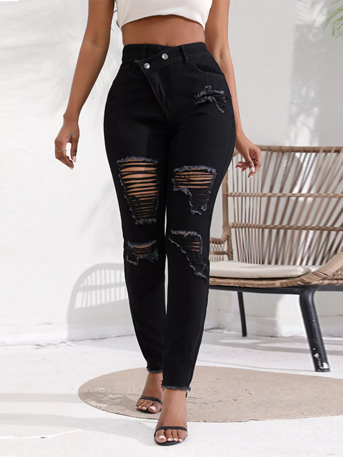 Distressed Raw Hem High-Waisted Jeans