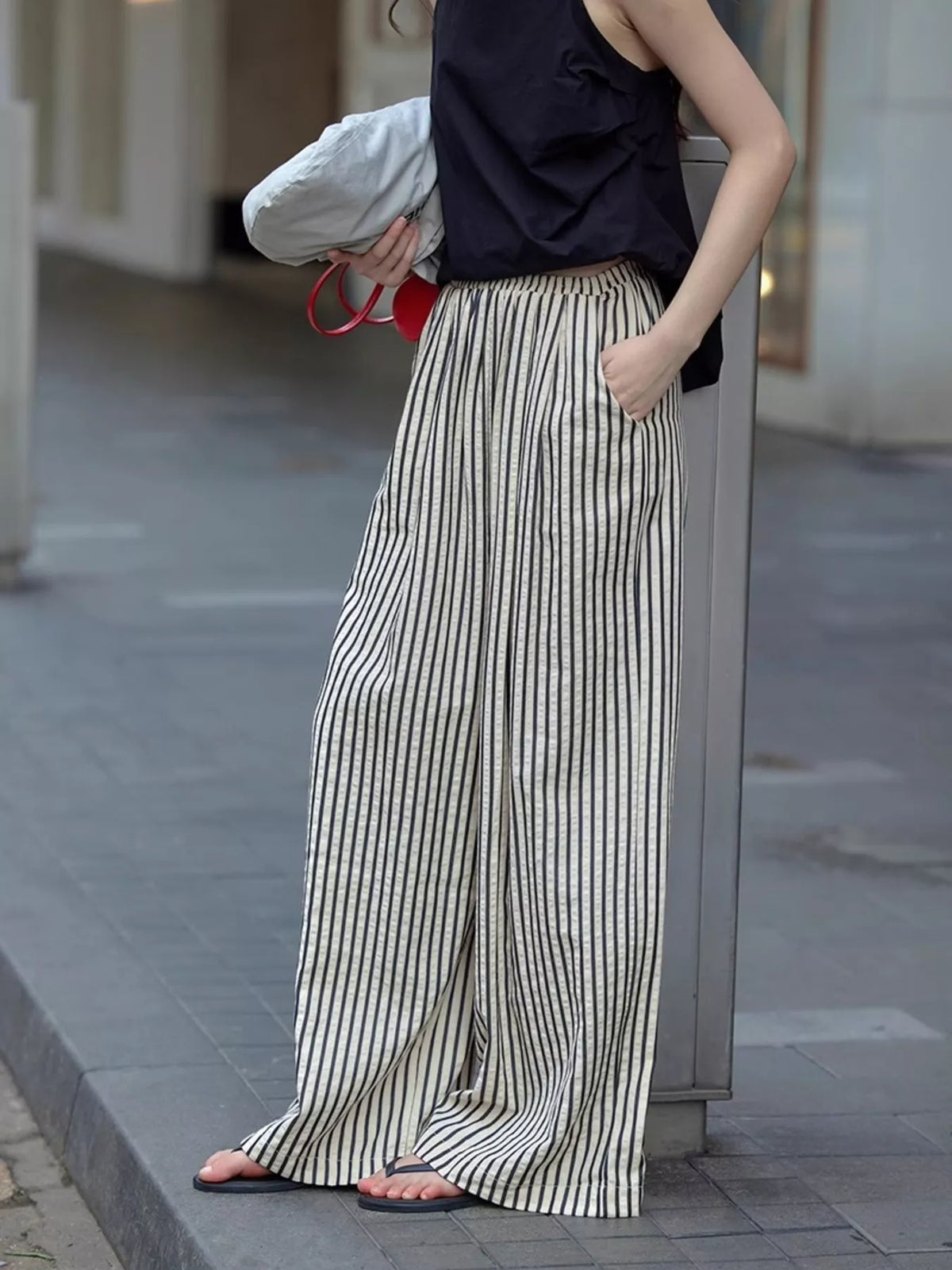 Plus-Size Striped Drawstring Wide-Leg Pants