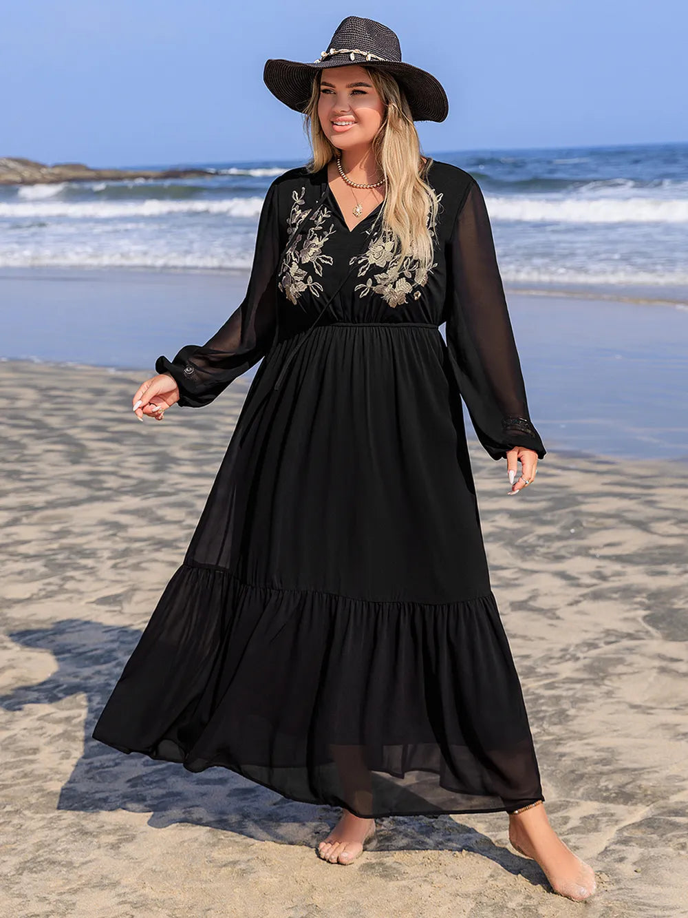 Embroidered Tie-Neck Long Sleeve Dress in Black