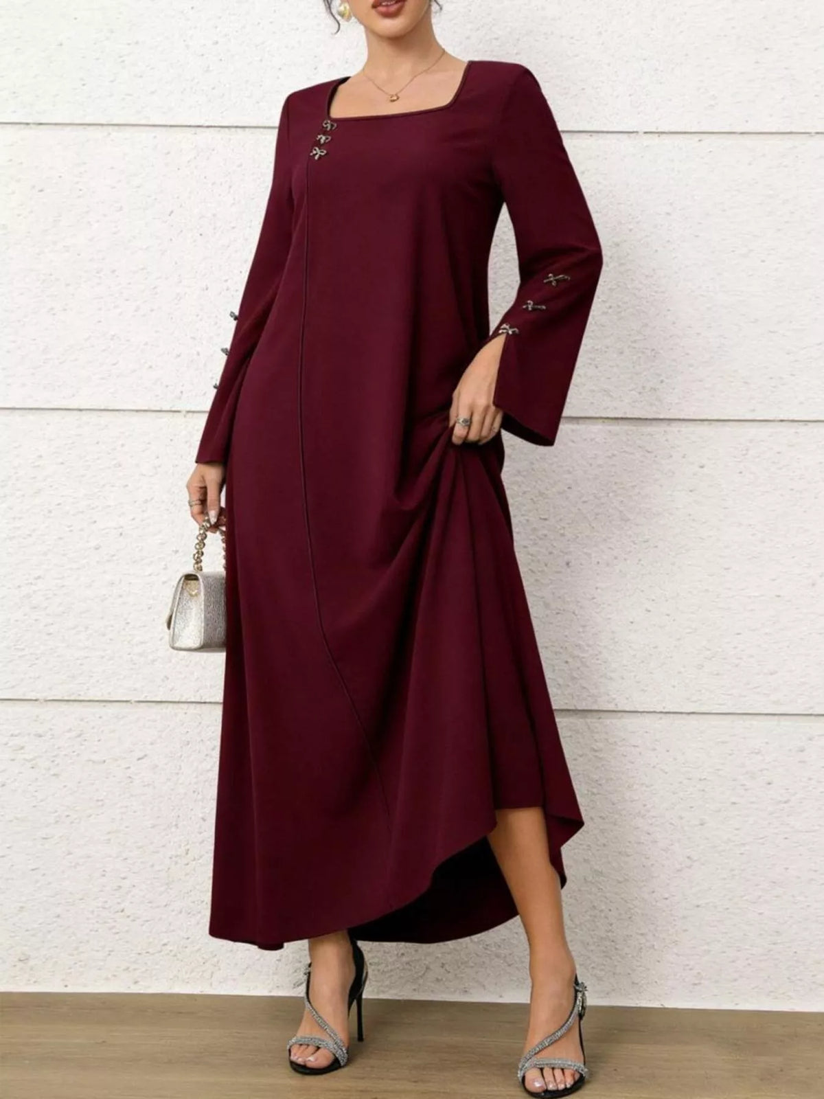 Square Neck Flare Sleeve Maxi Dress in Burgundy