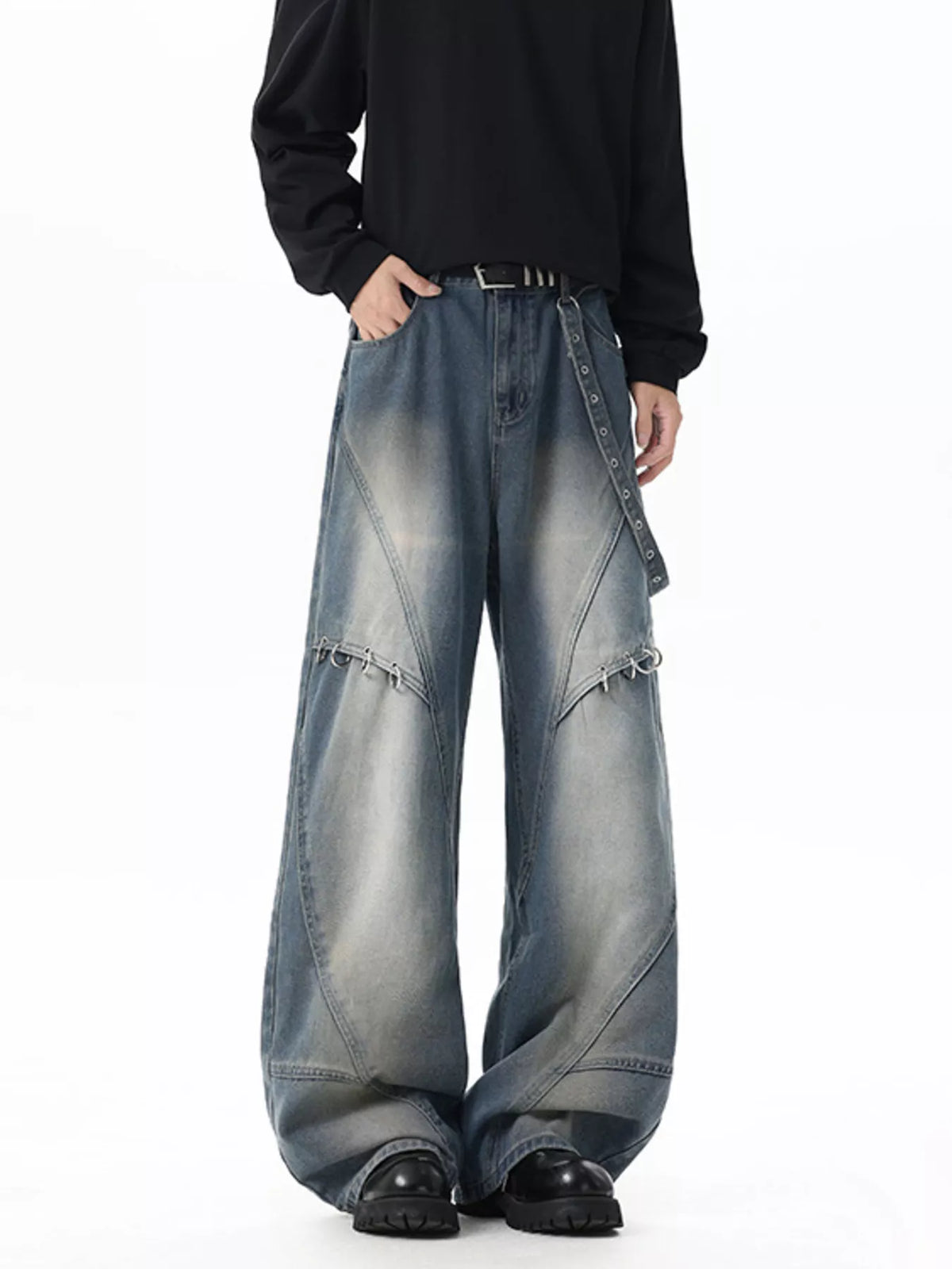 Belted Wide Leg Jeans with Chain Detail
