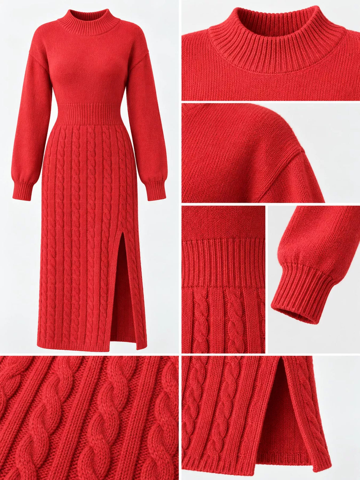 Mock Neck Cable Knit Sweater Dress with Front Slit