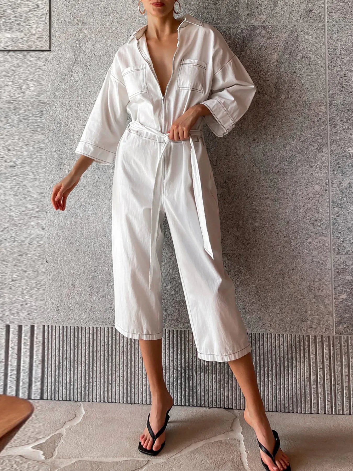 Tie-Waist Wide-Leg Jumpsuit in White